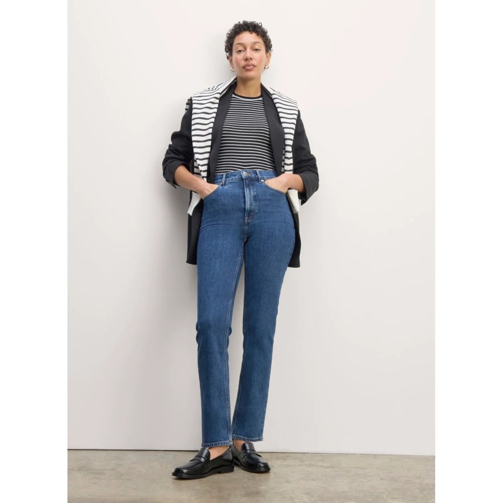 Everlane High Rise Slim Straight Jeans Dark Wash Denim Raw Hem Women